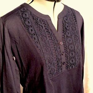 Karen Scott - Navy Blue, Jersey Top with Crochet Detail NWOT